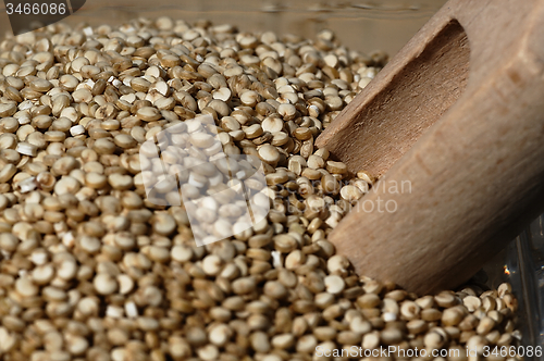 Image of Quinoa and a wooden spatula.