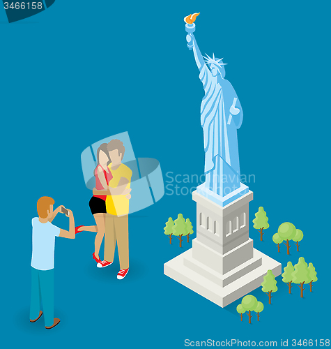 Image of Couple Making Selfie Near The Statue of Liberty in USA