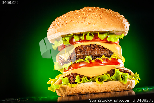 Image of Tasty and appetizing hamburger on a darkly green