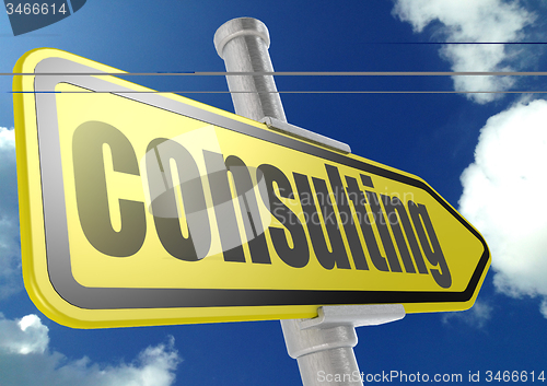 Image of Yellow road sign with consulting word under blue sky