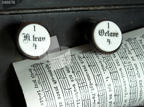 Image of Music sheet  on the top of a church organ