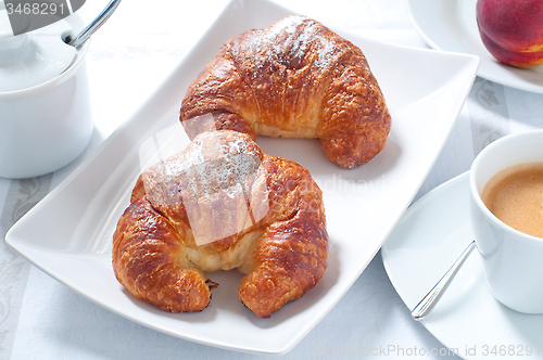 Image of Continental breakfast with coffee , croissants and fresh fruit