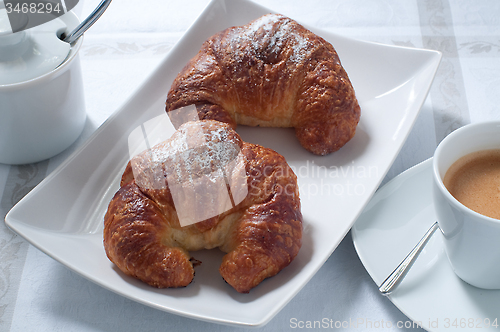 Image of Continental breakfast with coffee , croissants and fresh fruit