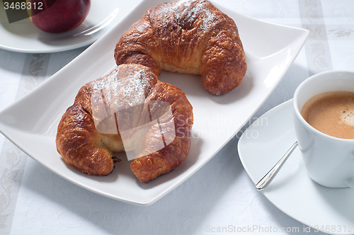 Image of Continental breakfast with coffee , croissants and fresh fruit