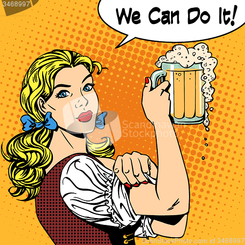 Image of girl waitress with beer says we can do it