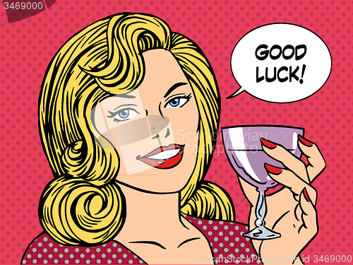 Image of Beautiful woman toast glass wine good luck
