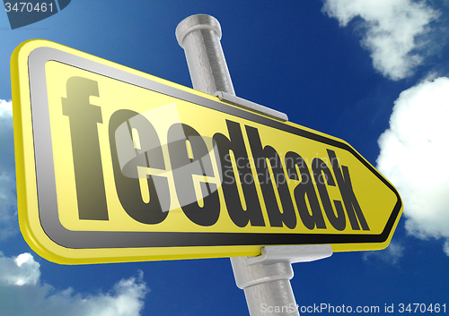 Image of Yellow road sign with feedback word under blue sky