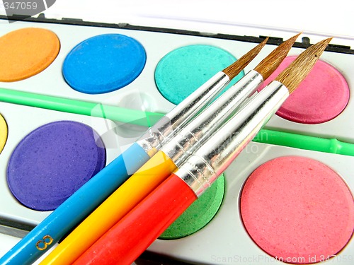 Image of Watercolor box and paintbrushes