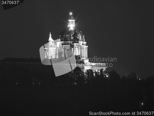 Image of Black and white Basilica di Superga at night in Turin