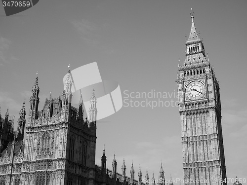 Image of Black and white Houses of Parliament in London
