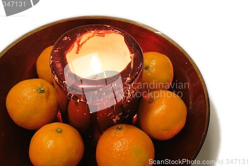 Image of oranges around a christmas candle decoration