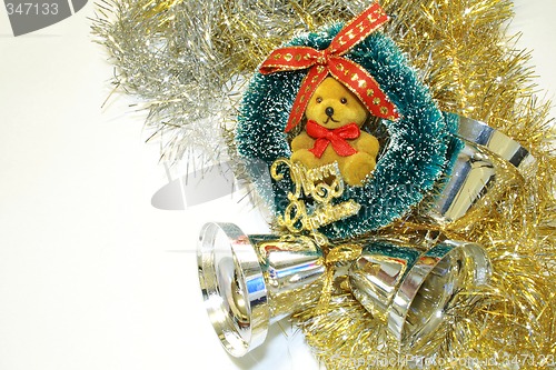 Image of silver bells with teddy wreath and tinsel