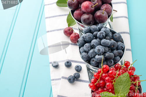 Image of Plums, red currants and blueberries in small metal bucket