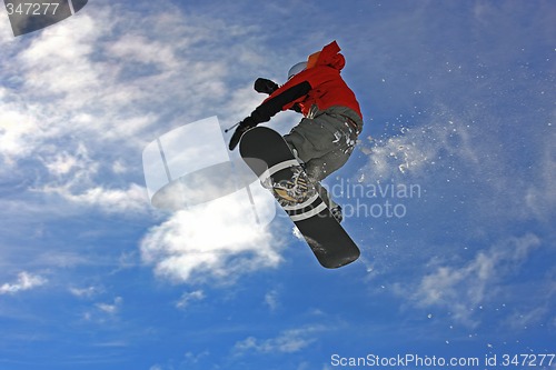 Image of Snowboarder jumping high in the air