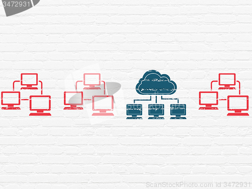 Image of Cloud technology concept: cloud network icon on wall background