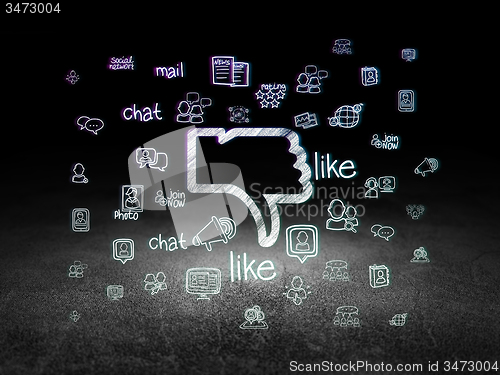 Image of Social media concept: Thumb Down in grunge dark room