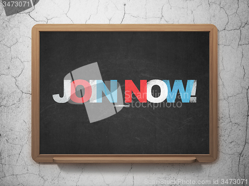 Image of Social media concept: Join now! on School Board background