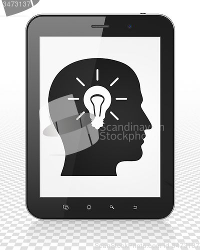 Image of Education concept: Tablet Pc Computer with Head With Light Bulb on display
