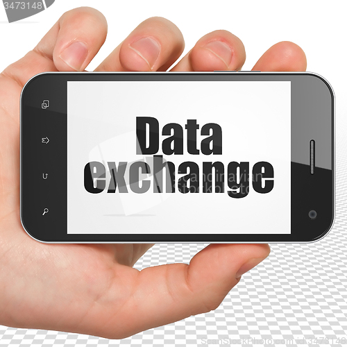 Image of Information concept: Hand Holding Smartphone with Data Exchange on display