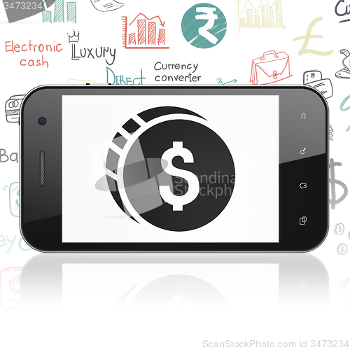 Image of Banking concept: Smartphone with Dollar Coin on display