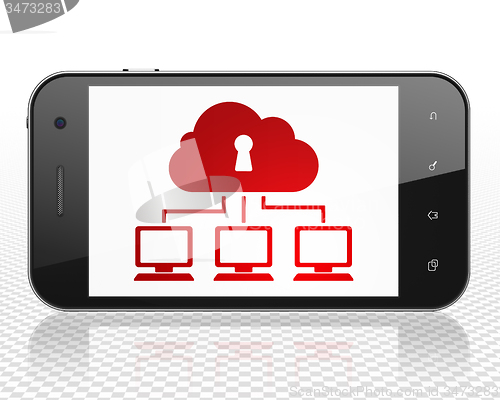 Image of Cloud networking concept: Smartphone with Cloud Network on display