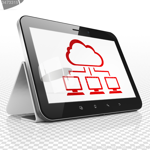Image of Cloud computing concept: Tablet Computer with Cloud Network on display