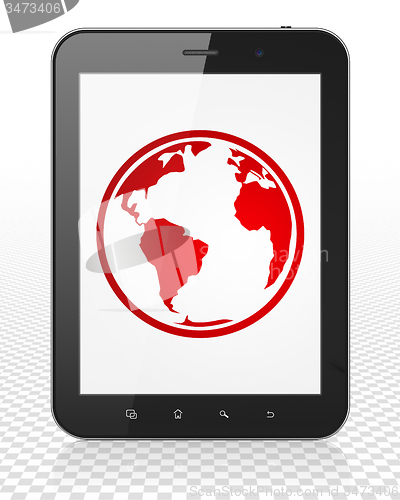 Image of Science concept: Tablet Pc Computer with Globe on display