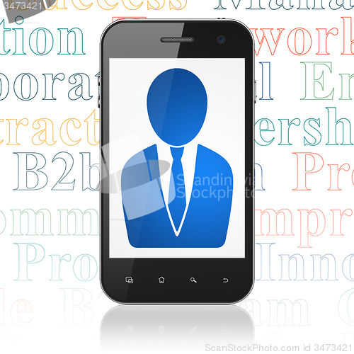 Image of Finance concept: Smartphone with Business Man on display