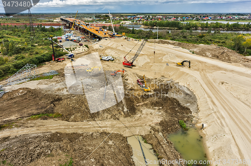 Image of Bird eye view on road and bridge construction