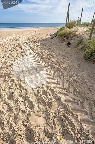 Image of beach of Baltic Sea with car tracks