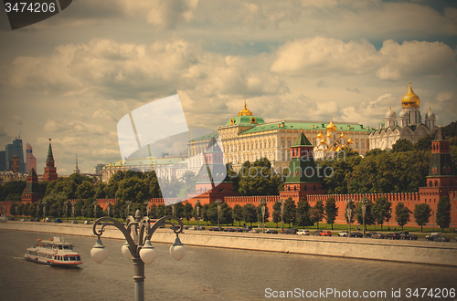 Image of Moscow River, the ship near Grand Kremlin Palace