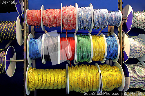 Image of Collection of various ropes, coiled on reels