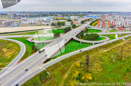 Image of Aerial view of highway interchange of modern urban city