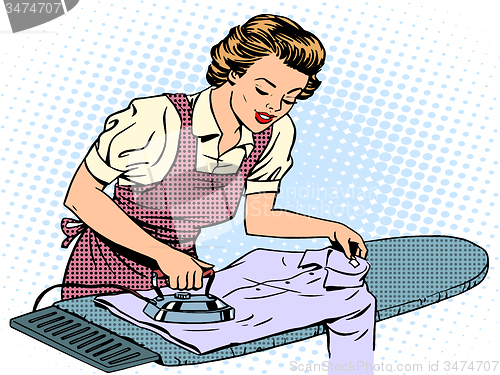 Image of Woman housewife wife stroking his shirt iron homework