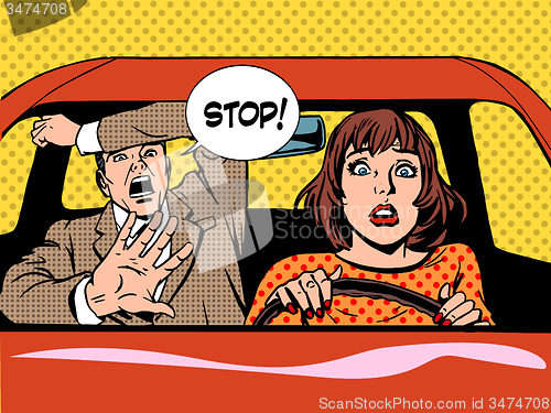 Image of stop woman driver driving school panic calm