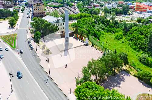 Image of Historical center on coast Tura river. Tyumen