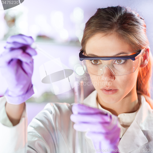 Image of Young scientist pipetting in life science laboratory.