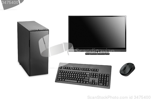 Image of black computer with case, keyboard and mouse