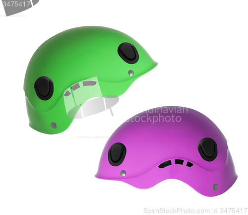 Image of Green and punk ski helmets