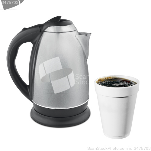 Image of hot plastic coffe cup and kettle