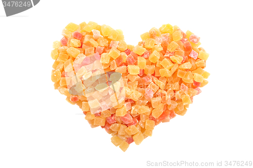 Image of Dried pineapple and papaya in a heart shape