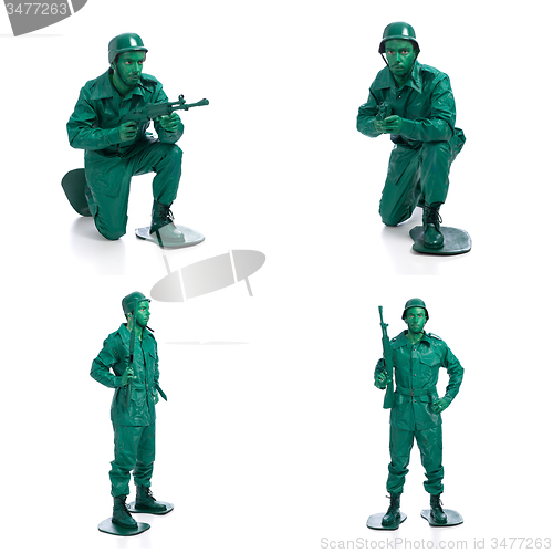 Image of Four man on a green toy soldier costume