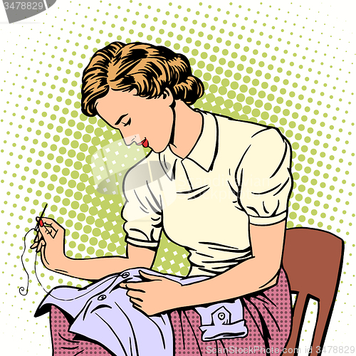 Image of woman sews shirt thread housewife housework comfort