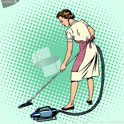 Image of Woman vacuuming the room housewife housework comfort