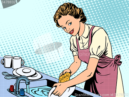 Image of Woman washing dishes housewife housework comfort