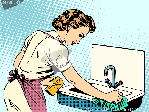 Image of woman cleans kitchen sink cleanliness housewife housework comfor