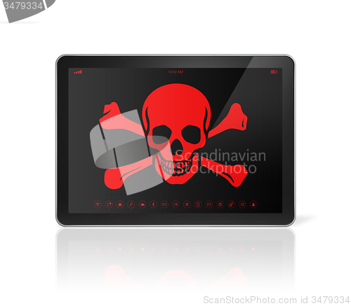 Image of Tablet PC with a pirate symbol on screen. Hacking concept