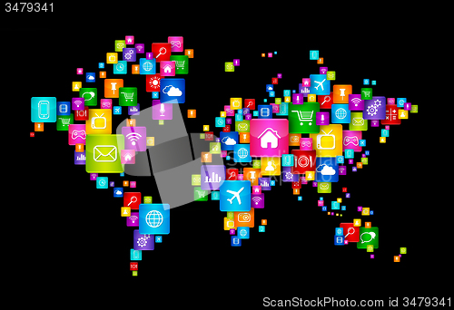 Image of World Map made of Flying Desktop Icons