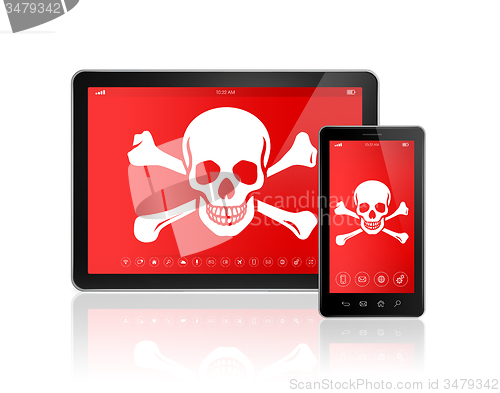 Image of Digital tablet PC and smartphone with a pirate symbol on screen.
