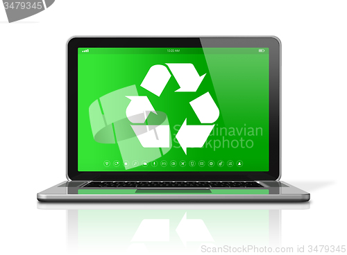 Image of Laptop with a recycling symbol on screen. environmental conserva